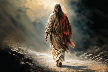 Illustration of Jesus Christ walking down a street. Back of Christ, Antiquity, History of Christianity, Faith and Freedom. - obrazy, fototapety, plakaty
