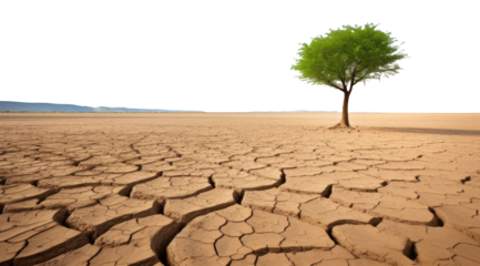 lone green tree growing in a dry cracked lake. life after death concept. transparent PNG. green tree.