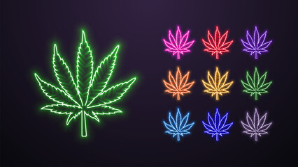 A set of neon cannabis leaves in the colors blue, orange, yellow, green, red, purple, pink and white on a dark background. © Dmytro