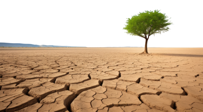 lone green tree growing in a dry cracked lake. life after death concept. transparent PNG. green tree.