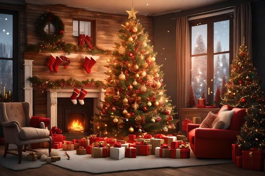 3d rendering Beautiful Christmas gift boxes on floor near fir tree in room