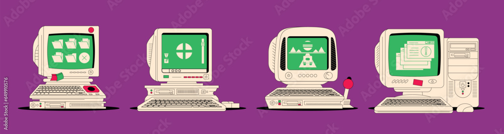 Wall mural set of retro old computers in the memphis style of the 90s. nostalgia personal computer user interfa