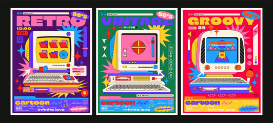 Fototapeta Retro cartoon poster with computers from the 90s. Cyber groovy geometric memphis style, browser, user interface, 80s nostalgia, old computer. Hippie banner obraz