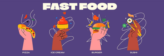 Retro cartoon hands fast food in 90s style. fast food concept hands holding sushi, pizza burger, ice cream. Delicious food, comical groovy funky illustration
