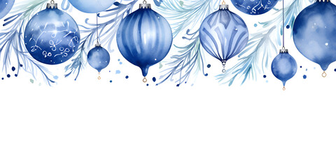 Watercolor illustration of blue Christmas ornament balls on white background with copy space