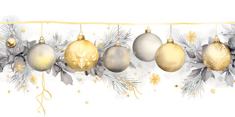 Watercolor illustration with golden Christmas ornament balls on white background, copy space for text
