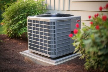 Newly installed residential air conditioner condenser. Generative AI