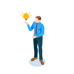 isometric business man with glowing light bulb, in color on white background, enlightenment or idea