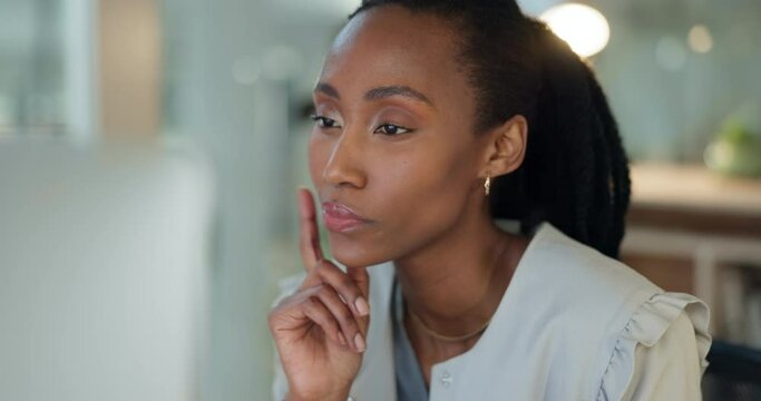 Reading, black woman and thinking of research on computer with online report, information or problem solving in Nigeria startup. Business, analytics or manager on pc in office with decision or choice