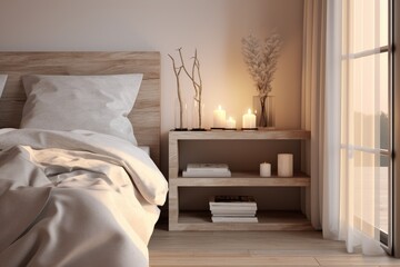 Fototapeta na wymiar Relaxing Tranquil Bedroom Scene with Minimalist Aesthetics, Soft Lighting, and Nature-Inspired Elements Invites Rest