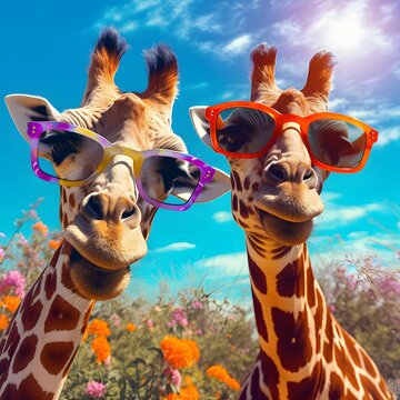 Selfie photo of giraffes with sunglasses in the savannah. Sunny day, cute and colorful 