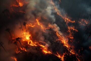 Forest fire, natural disaster, climate change, global warming, arial view