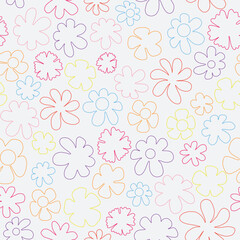 White colorful floral seamless vector background pattern. Wildflowers vector pattern. Line art flowers vector.