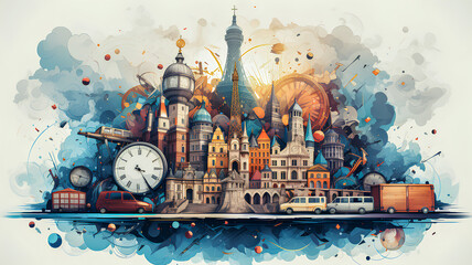 illustration travel around the world with a suitcase - obrazy, fototapety, plakaty