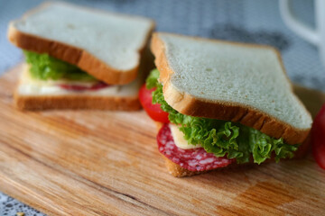 sandwich with salami, cheese, tomato and lettuce