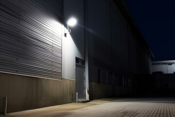 Outdoor solar LED spotlight on warehouse wall. Generative AI