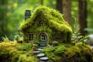 Cottage nestled moss. Forest tourism roof. Generate Ai