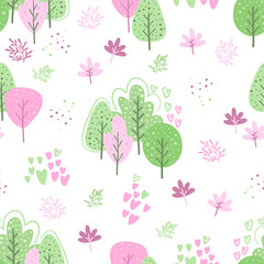 Abstract seamless pattern with colored forest. Trendy hand drawn textures.