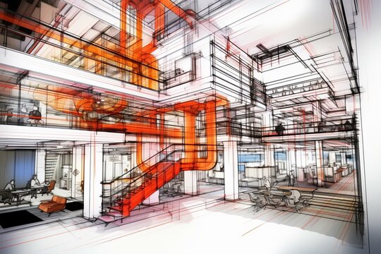 Drawing-style conceptual visualization of internal engineering communications within a building. Generative AI