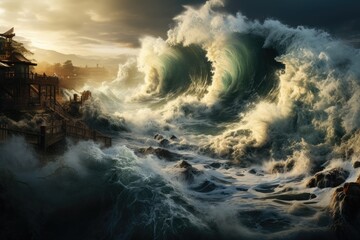 Awe-inspiring power of massive tsunami waves crashing in the ocean