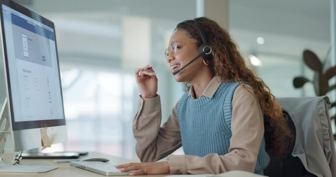 Computer, call center and business woman consulting in office for crm, telemarketing or b2b help. Contact us, screen and lady lead generation consultant with friendly, customer service or loan advice