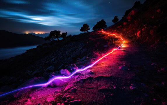 Vibrant color glowing path to the peak of a mountain. Generative AI