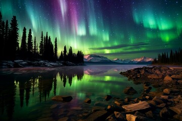 Mesmerizing natural phenomenon: swirling aurora borealis illuminates the night sky adorned with sparkling stars. Generative AI