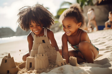 two african american girls building sand castles on the beach on their summer holiday vacation. Generative AI