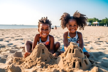 two african american girls building sand castles on the beach on their summer holiday vacation. Generative AI