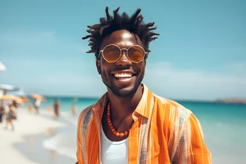 Fotobehang Portrait of a happy laughing black man on beach with sunglasses smiling laughing on summer holiday vacation travel lifestyle freedom fun. Generative AI © Annemarie