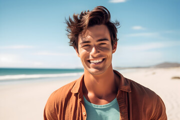 Portrait of a happy laughing young brown haired man on beach  smiling laughing on summer holiday vacation travel lifestyle freedom fun. Generative AI