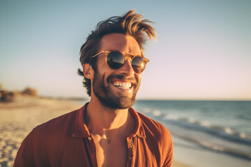 Portrait of a happy laughing young brown haired man wearing sunglasses on beach  smiling laughing on summer holiday vacation travel lifestyle freedom fun. Generative AI