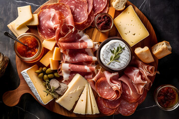 Beautifully arranged charcuterie platter with cured meats, cheese, grapes, tomatoes, olives,...