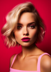 Blonde woman in pink clothes on a conceptual pink background for frame
