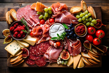 Beautifully arranged charcuterie platter with cured meats, cheese, grapes, tomatoes, olives, pickles, and artisan bread, set on a wooden cutting board. generative AI