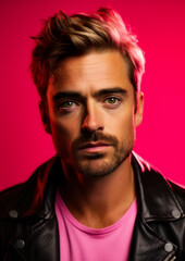 Fototapeta premium Man in pink clothes on a conceptual pink background for frame