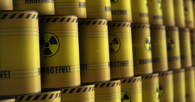 Nuclear radioactive waste barrels in row seamless and loopable concept. Danger radiation pollution industrial containers.