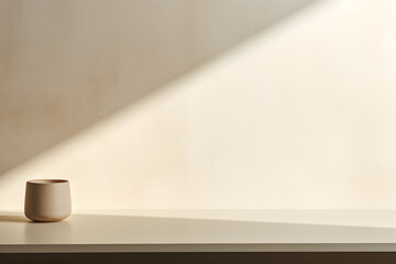 Beige plant pot or vase on white table counter in sunlight, shadow on beige paint wall for luxury beauty, cosmetic, organic, food supplement product background 3D
