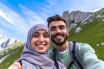 A woman in hijab with her husband taking a selfie with their smartphone in the mountains. Generative AI