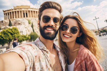 Beautiful couple taking a selfie with their smartphone in front of the akropolis, Athens, Greece. Generative AI - obrazy, fototapety, plakaty