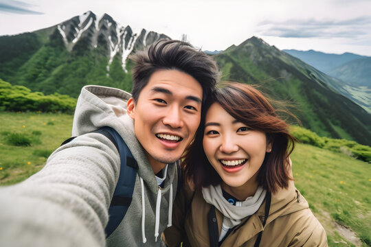 Japanese couple taking a selfie with their smartphone in the mountains. Generative AI