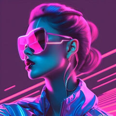 Portrait of a trendy young woman with big sunglasses in synthwave style, bright pink neon lighting. Generative AI