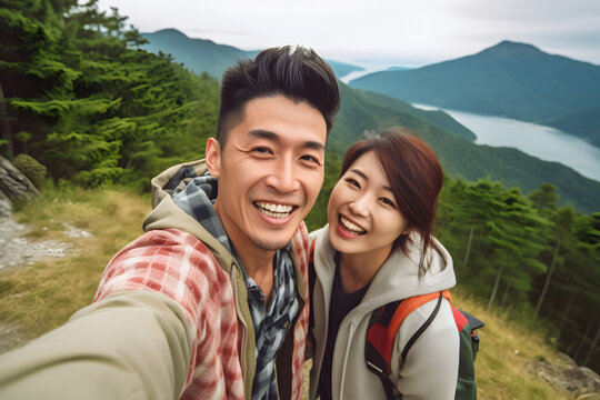 Japanese couple in outdoor clothes taking a selfie with their smartphone in the mountains with views over the valley and lake. Generative AI