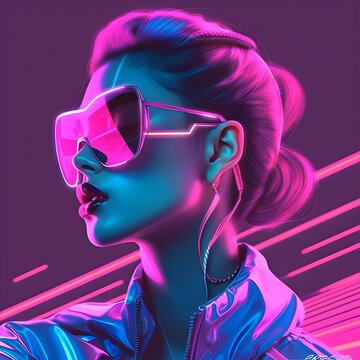 Portrait of a trendy young woman with big sunglasses in synthwave style, bright pink neon lighting. Generative AI