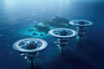 Futuristic power plant of the future in the ocean, water energy