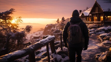 The person watching the breathtaking sunrise in a secluded winter home. - obrazy, fototapety, plakaty