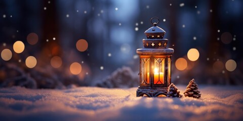 Christmas lantern on snow with fir branch at eve night, Winter decoration background, Christmas Card, generative ai