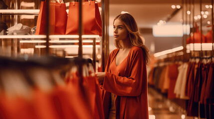 Young woman in a shopping store. Creative concept of shopping day, sale.