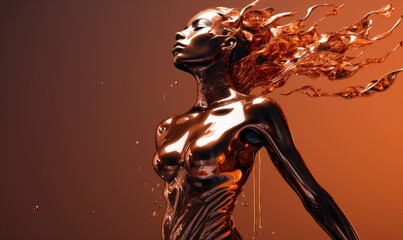 cascading liquid metal engulfing a futuristic abstract fashion model silhouette