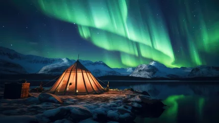 Küchenrückwand glas motiv Nordlichter green arctic aurora camp illustration snow landscape, borealis travel, sky north green arctic aurora camp